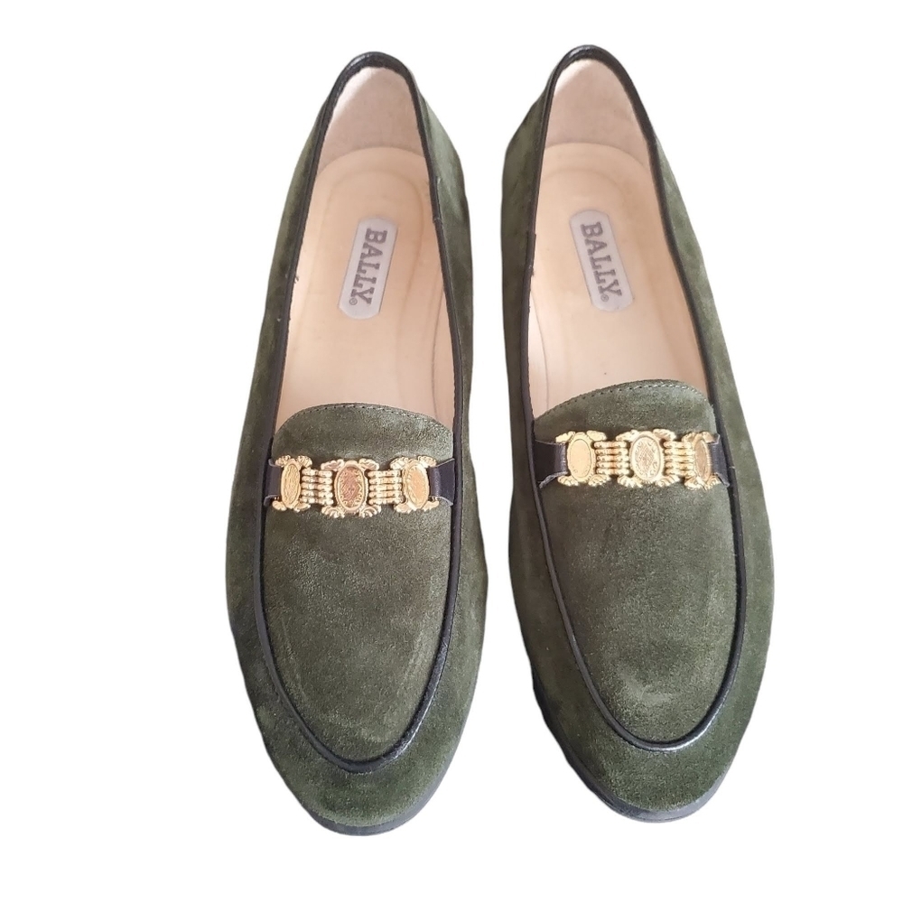 Bally Green Suede With Gold Buckel Loafers Size 9